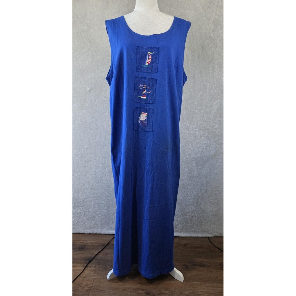 GUC Vintage Cactus California Dress Women XXL Blue Nautical Embroidered Maxi